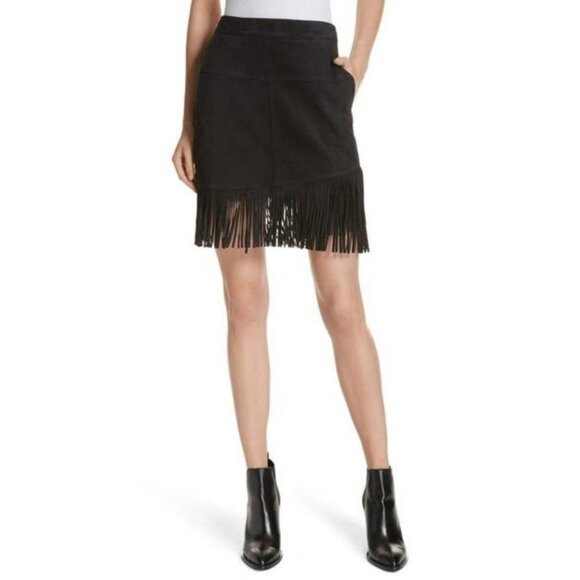 FRAME Fringe Hem Leather Skirt Black Size 25 - Picture 1 of 9